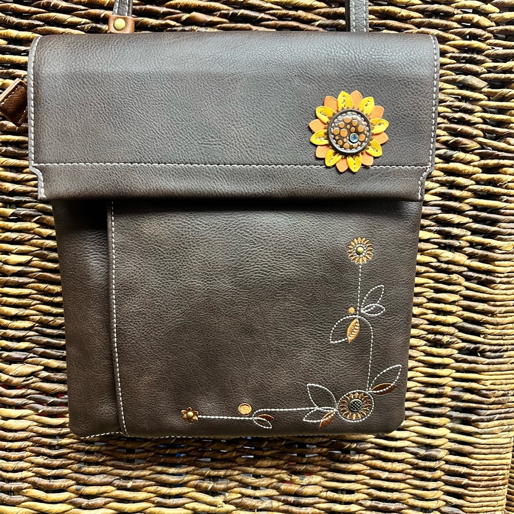 Chala-Brown Crossbody Bag with Floral Embroidery, 9”x10”, Clean inside,back fade